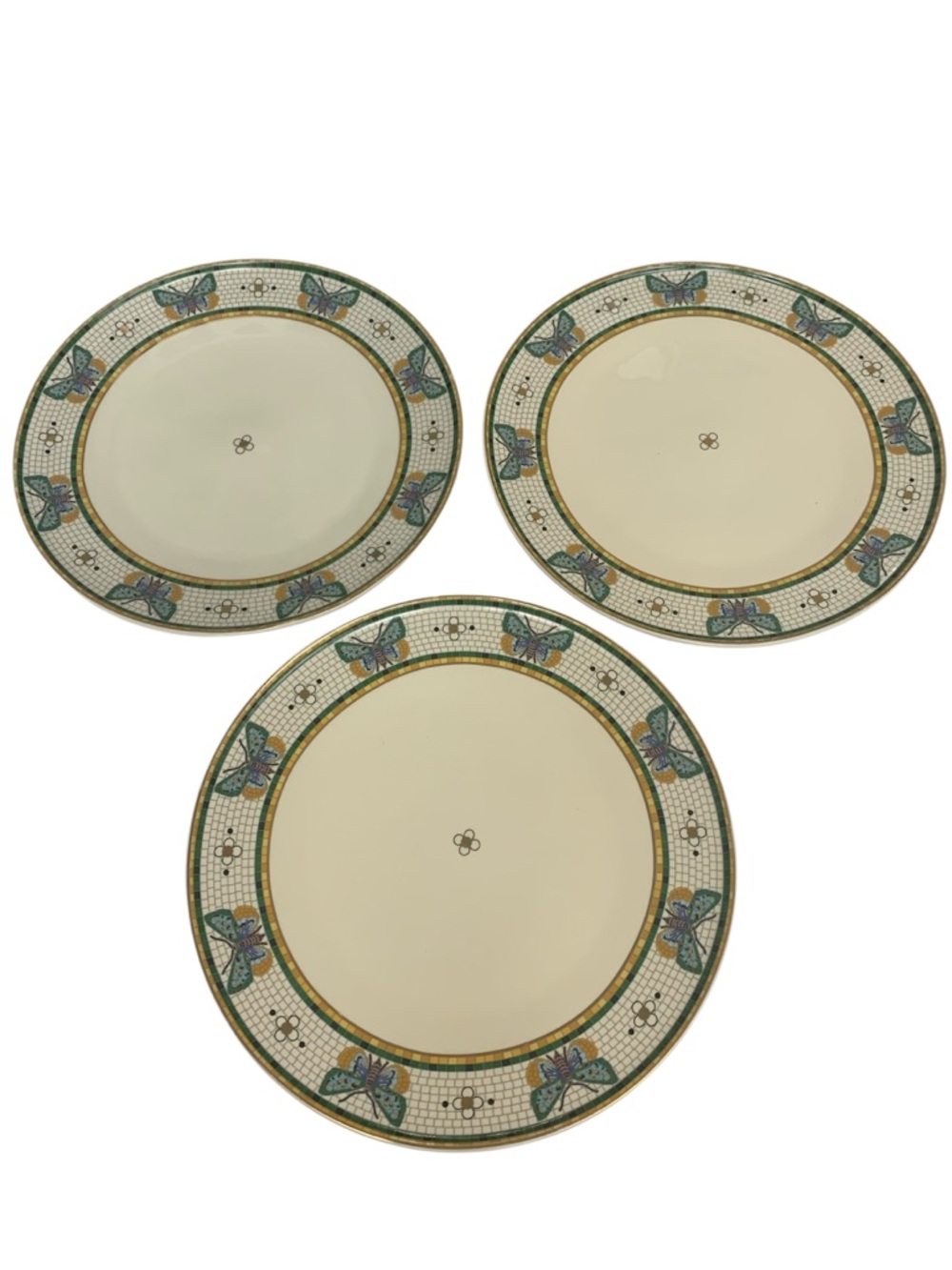 Anthropologie Bistro Garden Dinner Plates Blue Butterfly Gold Trim 10.5" Set 3 - Picture 2 of 10